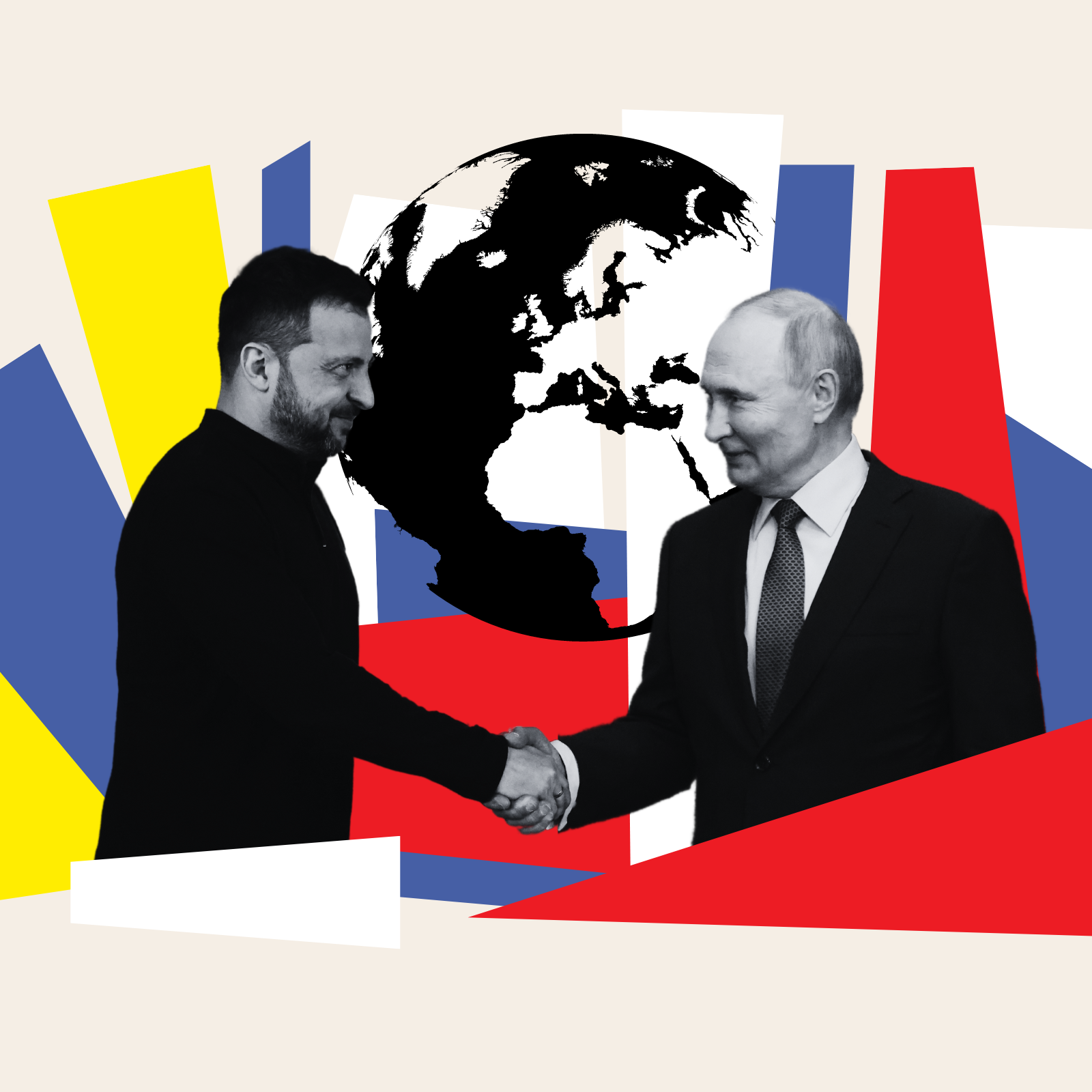 Ukrainian and Russian leaders shaking hands with globe background